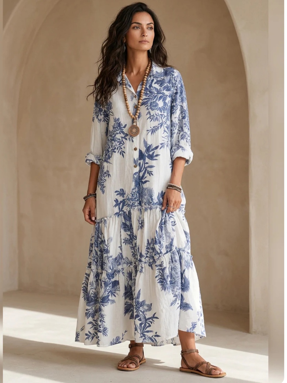 Gloeria Bohemian Blue Floral Button-down Maxi Dress